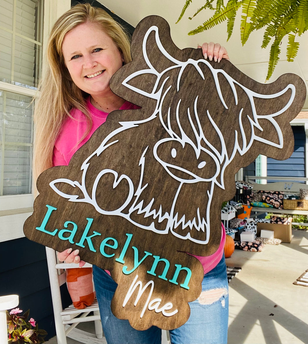 Highland Cow Girls Layered Name Wall Sign Decor