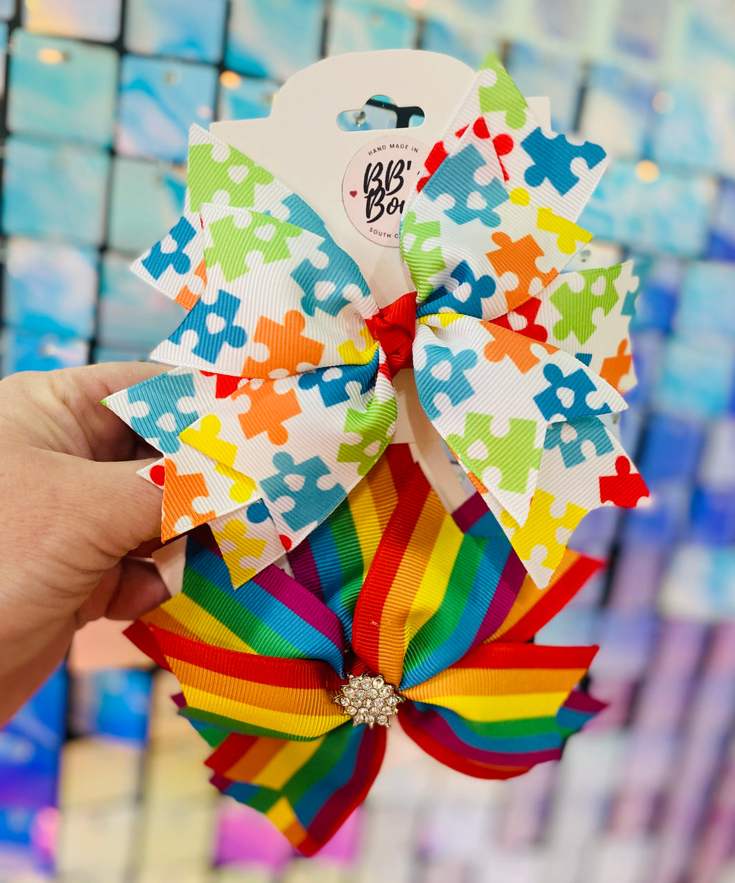 Rainbow and Autism Spin Wheel 5.5 inch Hair Bow