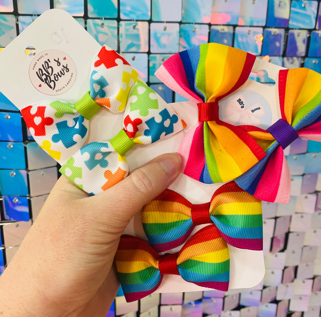 Autism & Rainbow Mini 2.5 inch Hair Bow